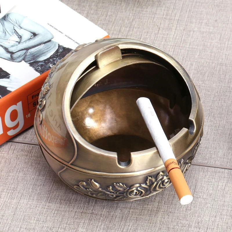 Vintage Metal Ashtray with Windproof Lid & Rose Embossed Design Metal Ashtray Axl