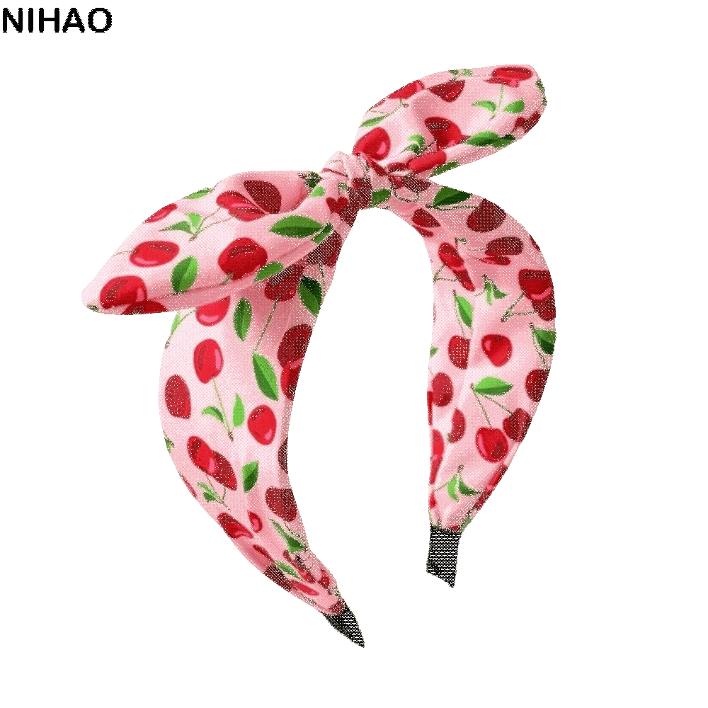 Cherry Print Bow Headband – Wide Knotted Rabbit Ear Hair Hoop Fashion Headband Axl
