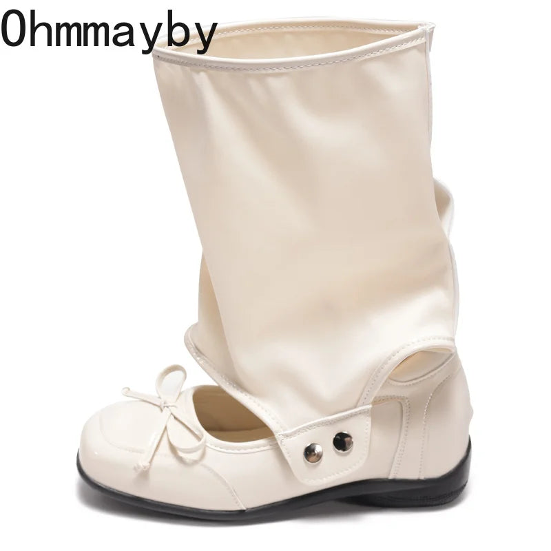 Satin Bow Ankle Strap Women's Flat Sandal Boots | Lolita Style Flat Sandal Boots Axl