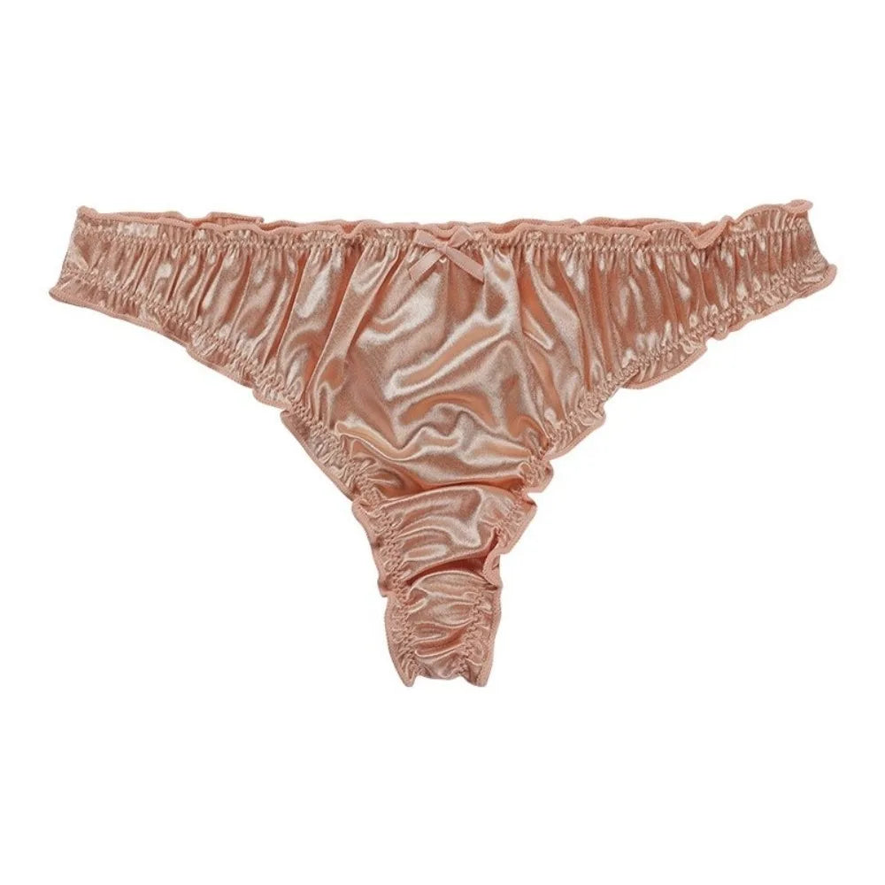 Satin Ruffle Women's Low-Rise G-String Briefs | Seamless Nylon Women's Lingerie Briefs Axl Skin Beige 1XL 1pc
