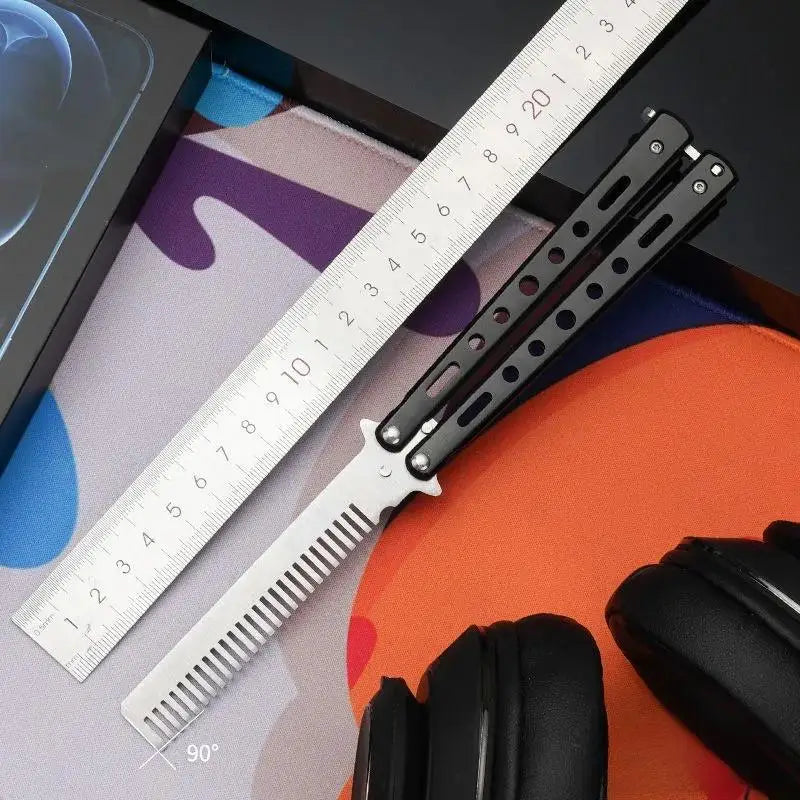 Butterfly Knife Comb – Foldable Stainless Steel Beard Grooming Butterfly Knife Comb Axl Black white