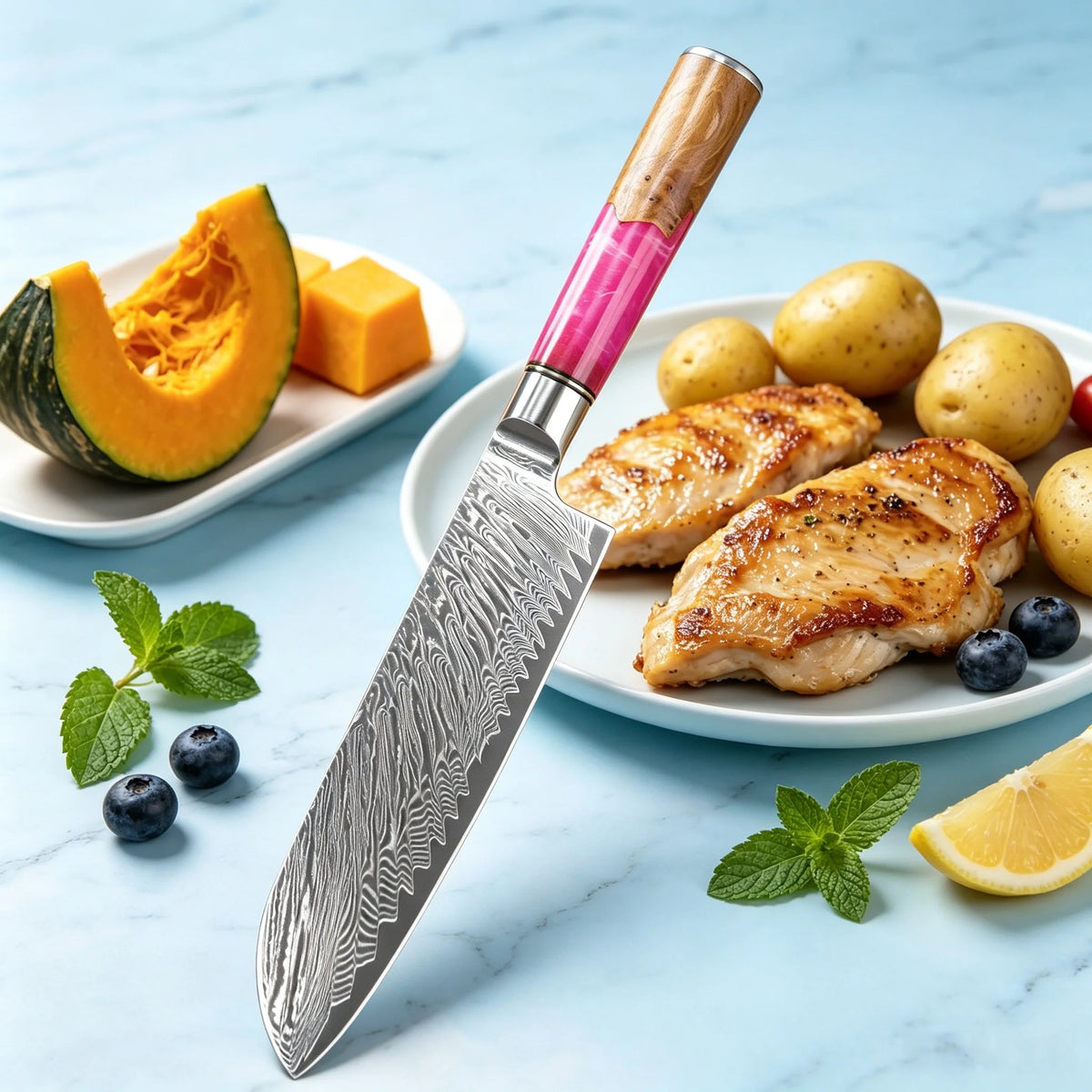 Damascus Steel Santoku Knife – Sharp 17.7cm Kitchen Blade Santoku Kitchen Knife Axl