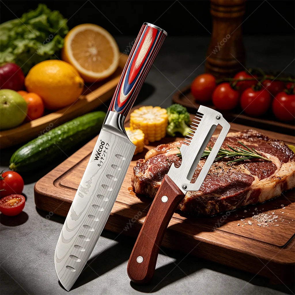 WXCOO Damascus Santoku Knife & Peeler Set – Wood Handle Kitchen Knife Set Axl 2PCS