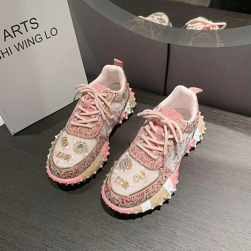 Women's Rhinestone Sneakers – Thick Sole Lace-Up Walking Shoes Women's Sneakers Axl Pink 35