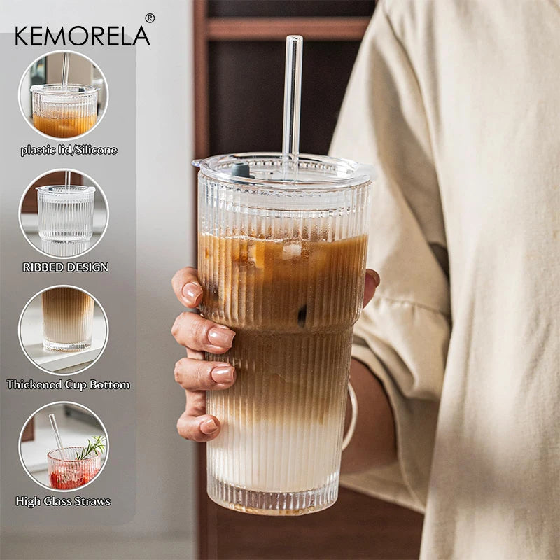 KEMORELA 590ml Ribbed Glass Tumblers Set of 4 with Lids & Straws Glass Tumbler Set Axl