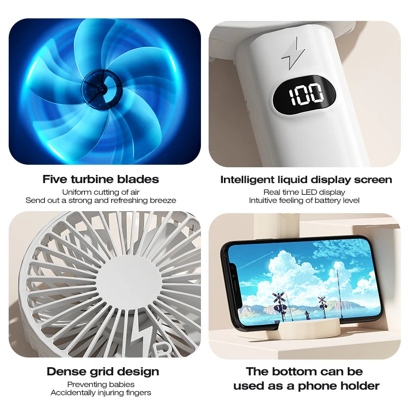 Portable Handheld Fan – 5-Speed LCD, Phone Holder & Powerbank Portable Personal Fan Axl