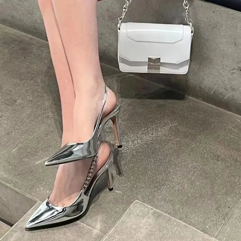 Women's Crystal Slingback Heels – Pointed Toe Metallic Pumps Slingback Heel Pumps Axl
