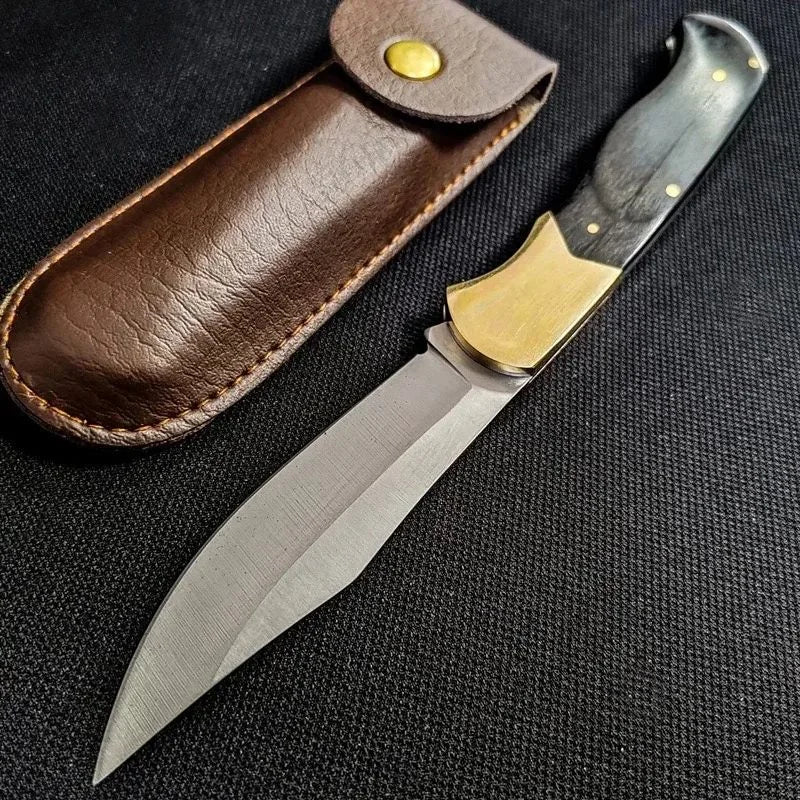 Folding Pocket Knife – Ebony & Brass Handle + Leather Sheath EDC Folding Pocket Knife Axl 1pcs