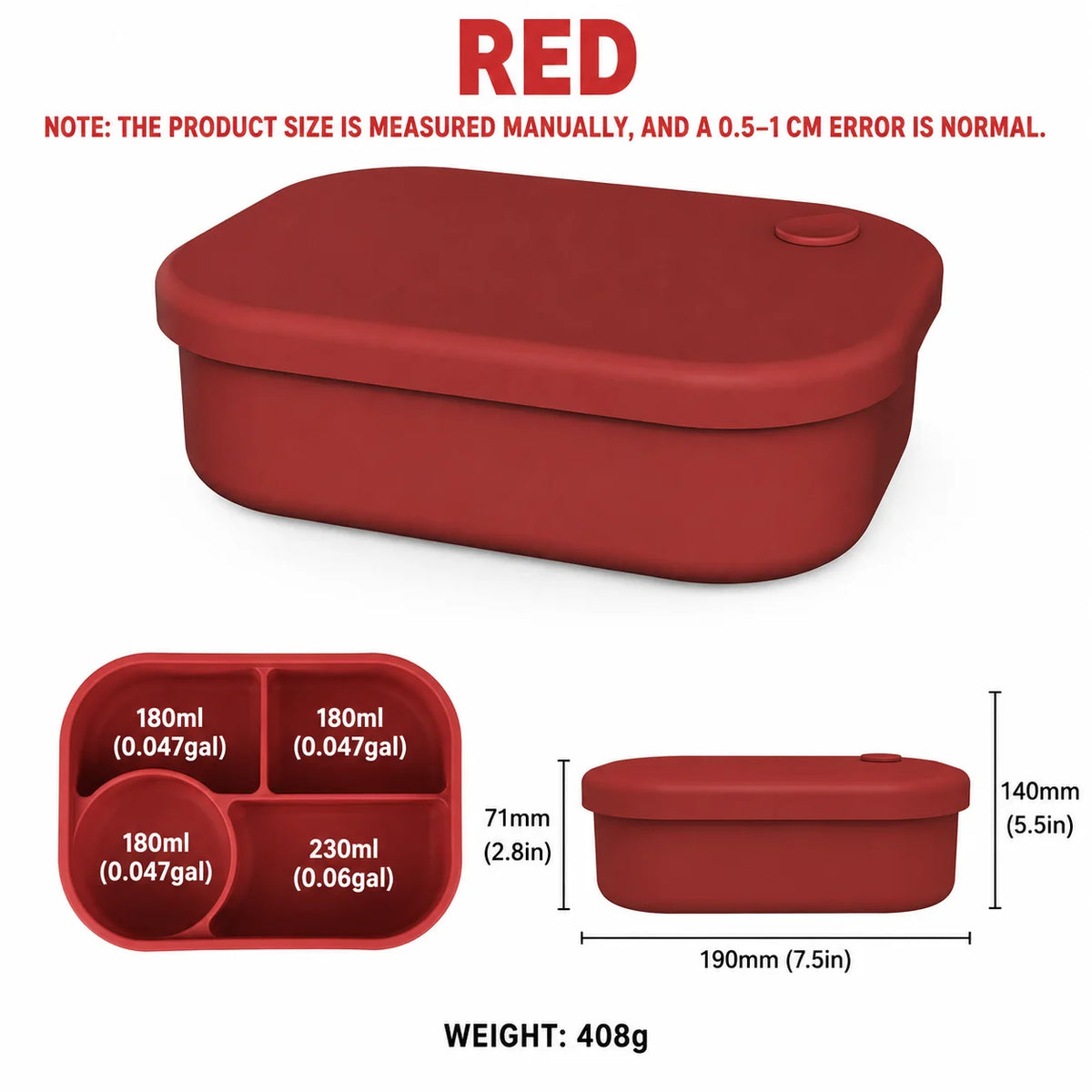 Uwhise 770ml Silicone Bento Box | 4-Compartment Lunch Container Silicone Bento Box Axl Red