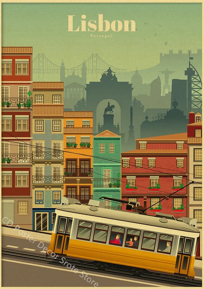 World Cities Retro Travel Poster – Rome Paris Sydney Dubai Art