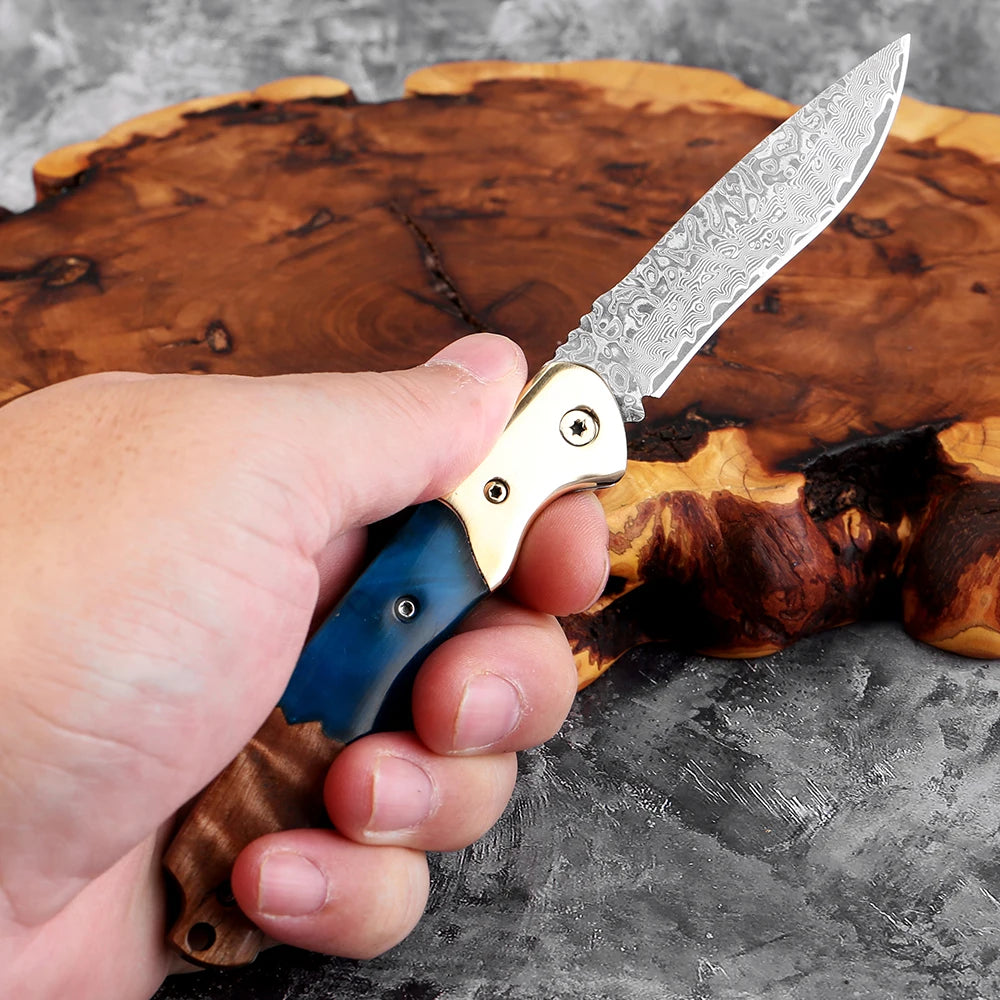 Damascus Steel Folding Knife – Rosewood & Resin Handle | EDC Folding Pocket Knife Axl