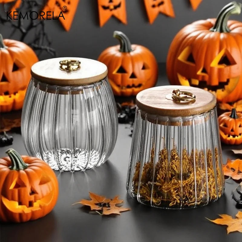 Halloween Glass Candy Jar with Airtight Wood Lid | Canister Glass Storage Jar Axl