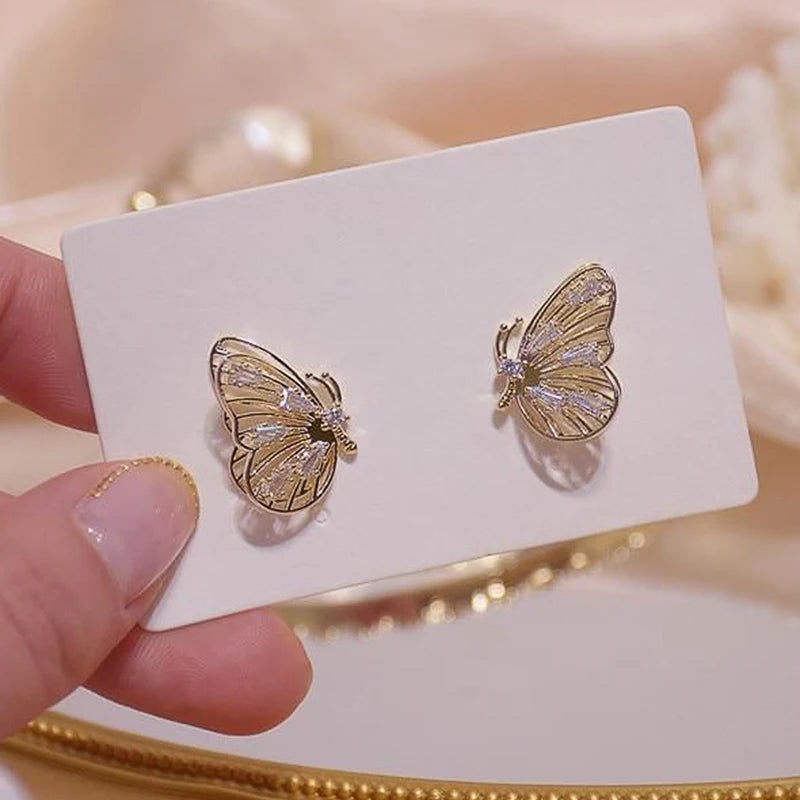 Huitan Double Layer Butterfly Stud Earrings | Gold CZ Stud Earrings Axl E2766