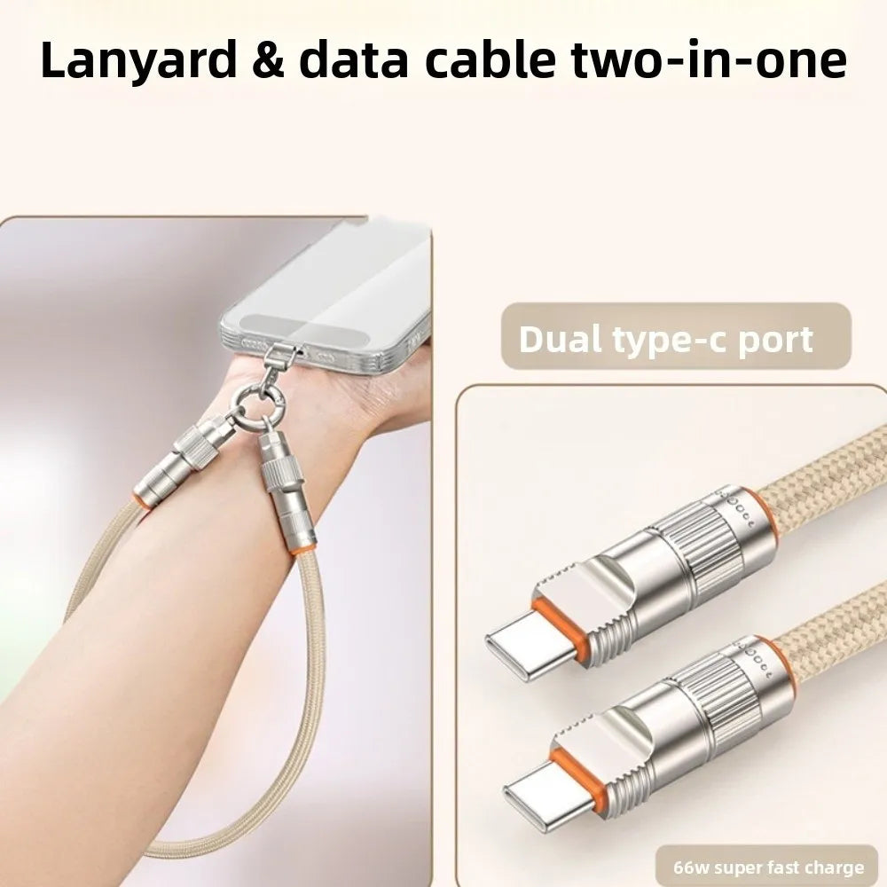 2-in-1 Type-C Phone Lanyard – PD 66W Fast Charging Braided Strap Phone Charging Lanyard Axl