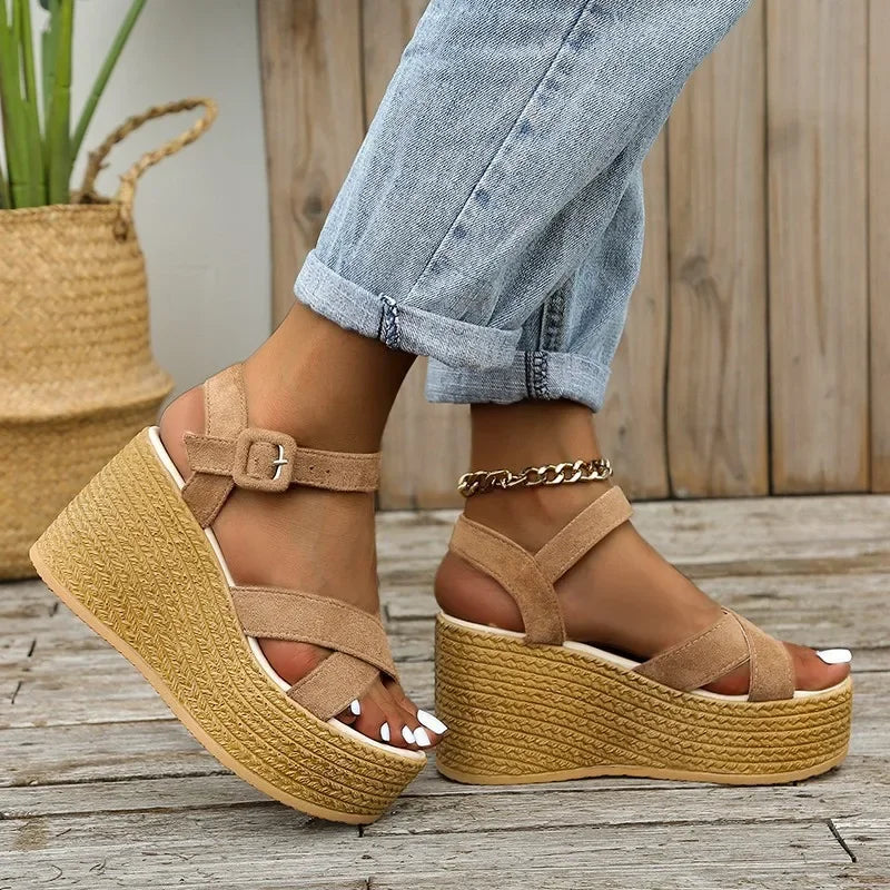 Women's Wedge Platform Sandals – Peep Toe Buckle Strap Heels Wedge Platform Sandals Axl 35 Khaki