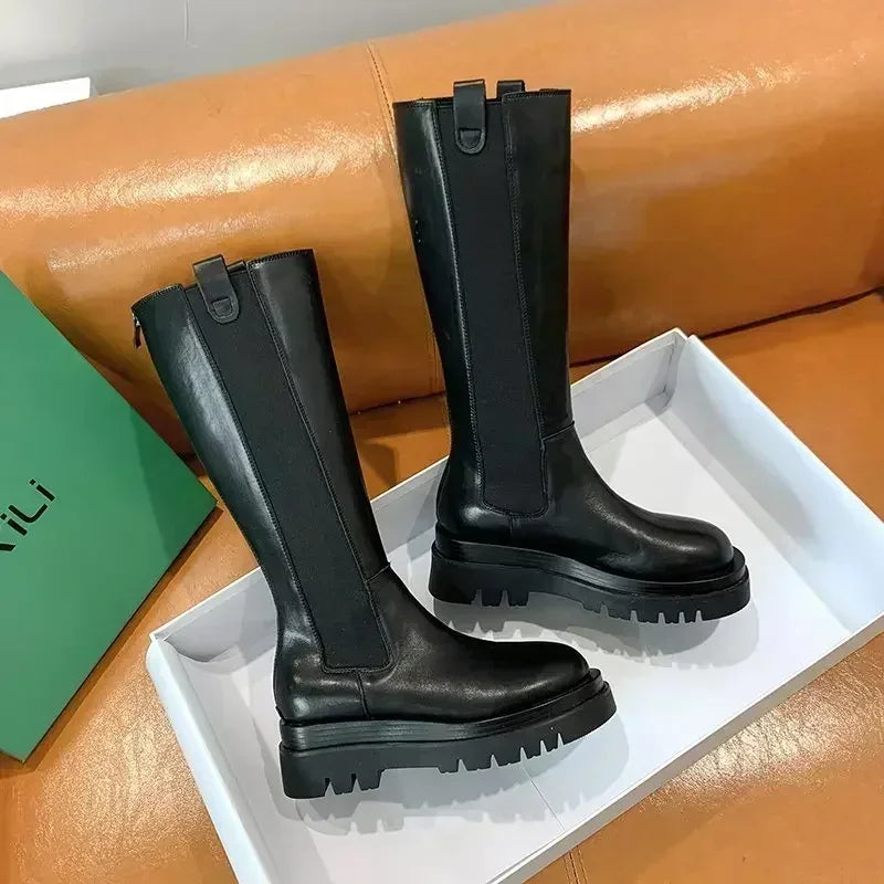 Women's Knee-High Chunky Platform Boots | PU Leather Zip Knee-High Platform Boots Axl