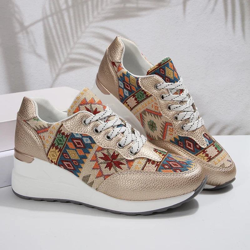 Women's Bohemian Wedge Platform Sneakers | Geometric Pattern Wedge Platform Sneakers Axl Gold 36