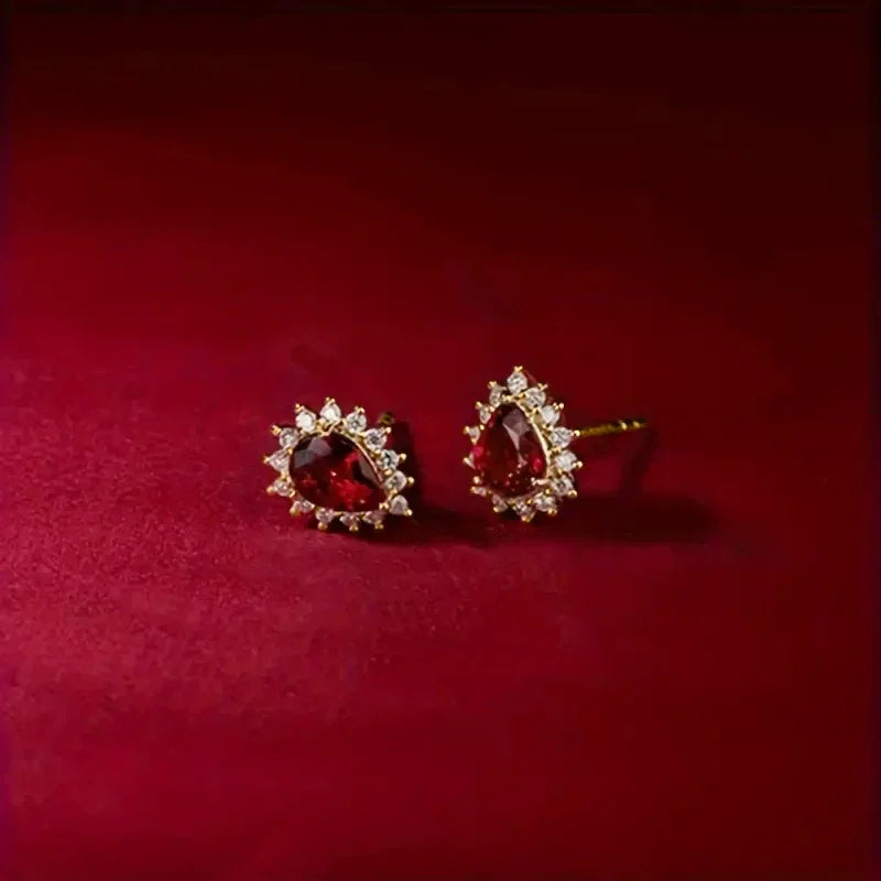 Huitan Red Cubic Zirconia Water Drop Stud Earrings Women Stud Earrings Axl