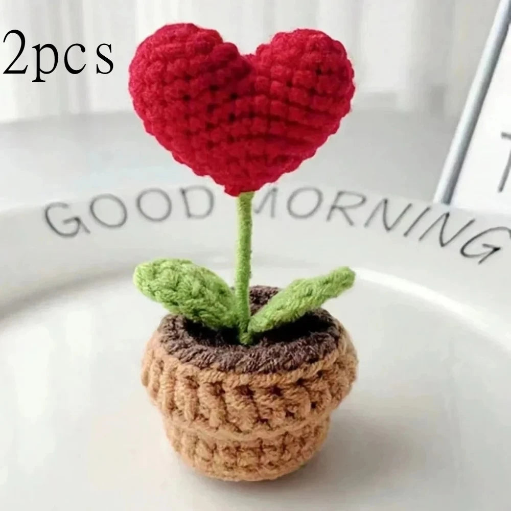 2-Pack Handmade Knitted Flower Pot – Heart Rose Artificial Decor Artificial Flower Pot Axl 2pcs