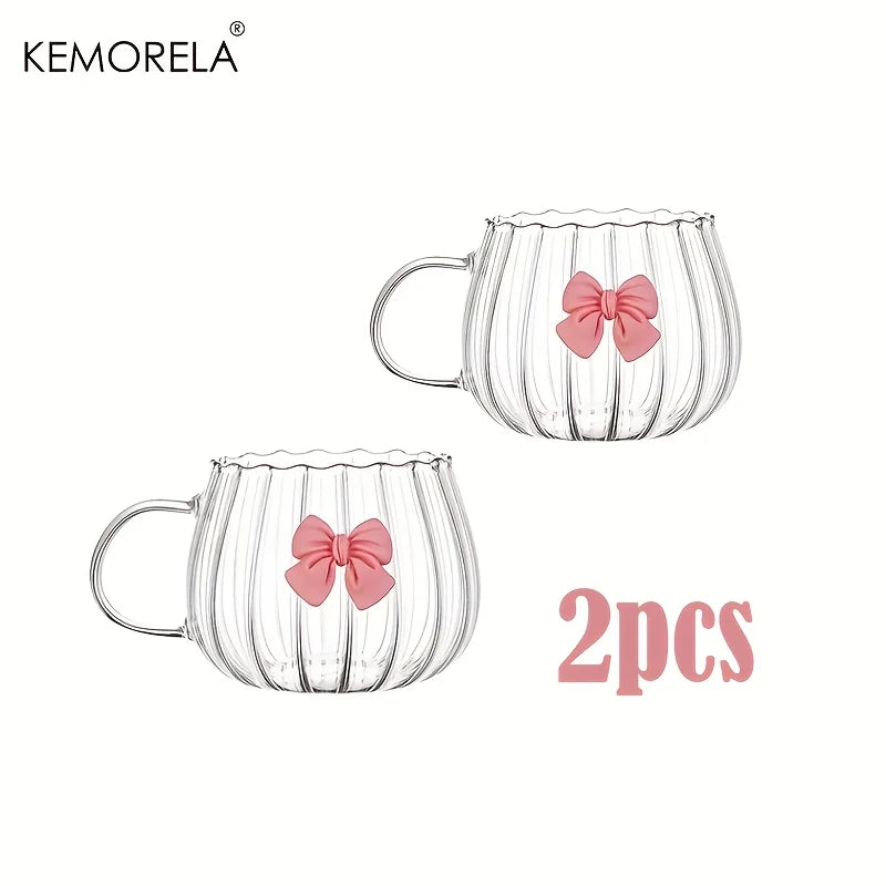 Glass Pumpkin Coffee Mugs with Pink Bows & Handle | 1–2 Pack Glass Coffee Mug Axl 2PCS 250ML