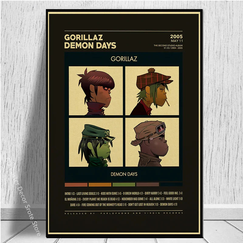 Gorillaz Demon Days Retro Kraft Paper Music Poster | Wall Art Music Wall Poster Axl