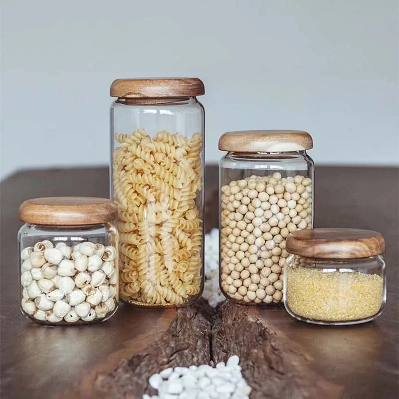 KEMORELA Glass Storage Jar with Acacia Wood Lid | Airtight Canister Glass Storage Jar Axl