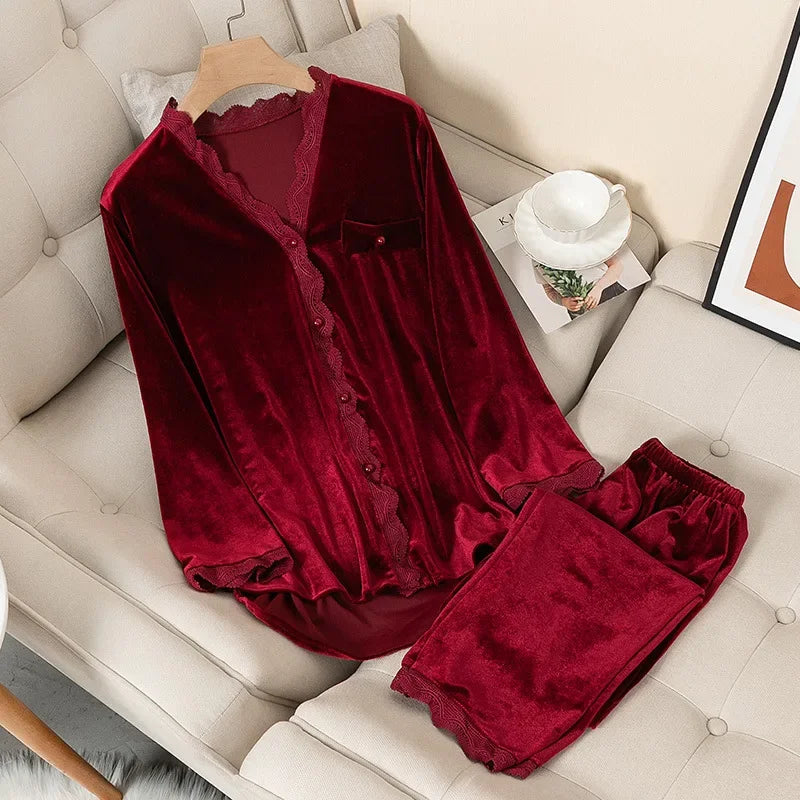 Women's Velvet Pajama Set – Long Sleeve Lace Trim Sleepwear Velvet Pajama Set Axl red L