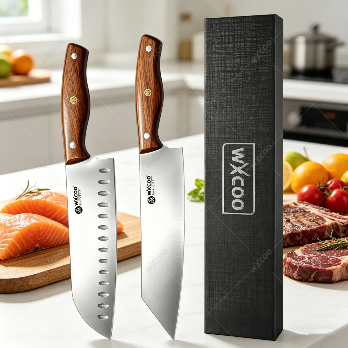 WXCOO Japanese Santoku Knife Set – 5-Piece Stainless Steel Kitchen Knife Set Axl 2PCS B