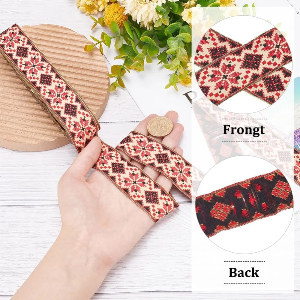 Ethnic Jacquard Tyrolean Ribbon Red Floral 32mm – 10 Yards Craft Ribbon Trim Axl