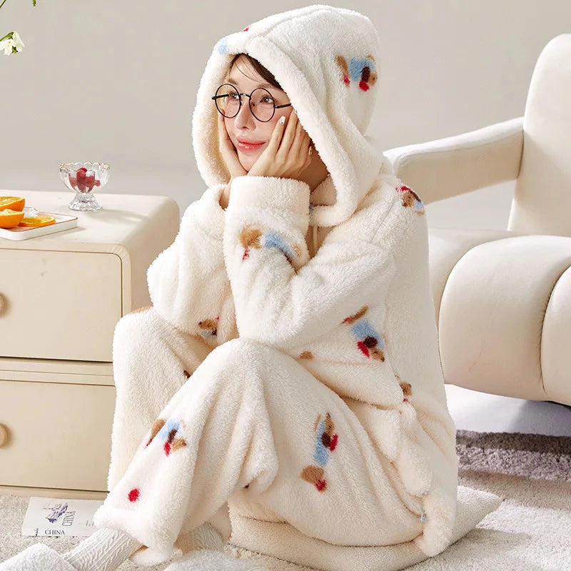 Women's Hooded Cartoon Pajama Set – Warm Fleece 2-Piece Homewear Women's Pajama Set Axl