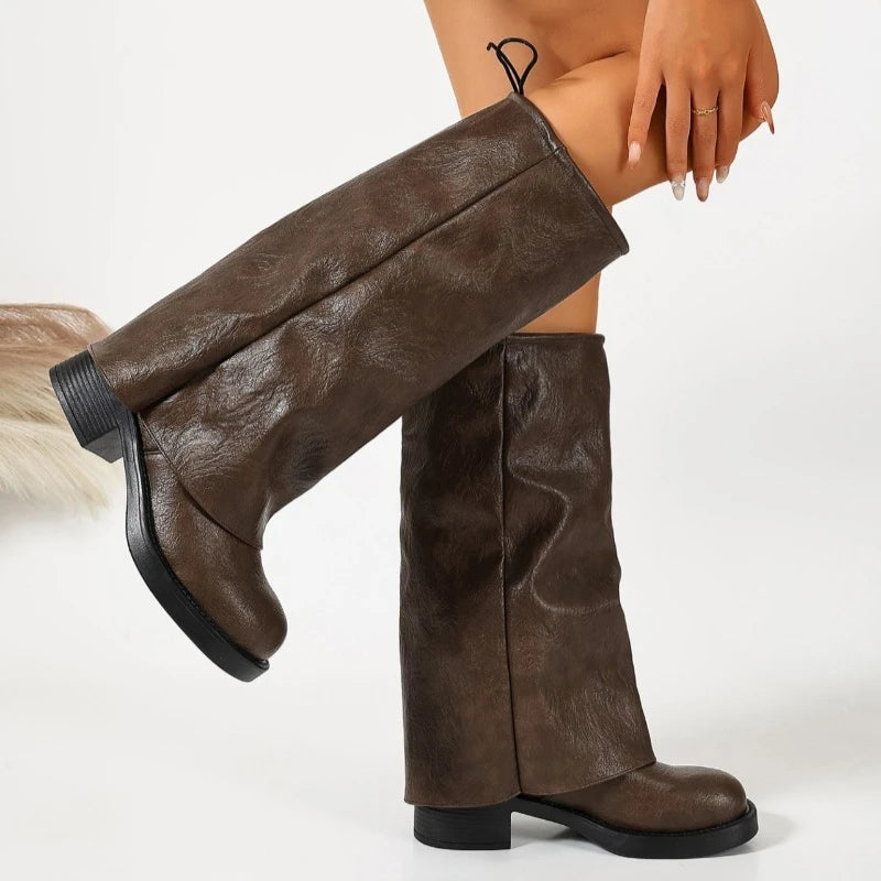 Women's Ruched Slouch Knee-High Boots | Block Heel Slip-On Knee-High Boots Axl