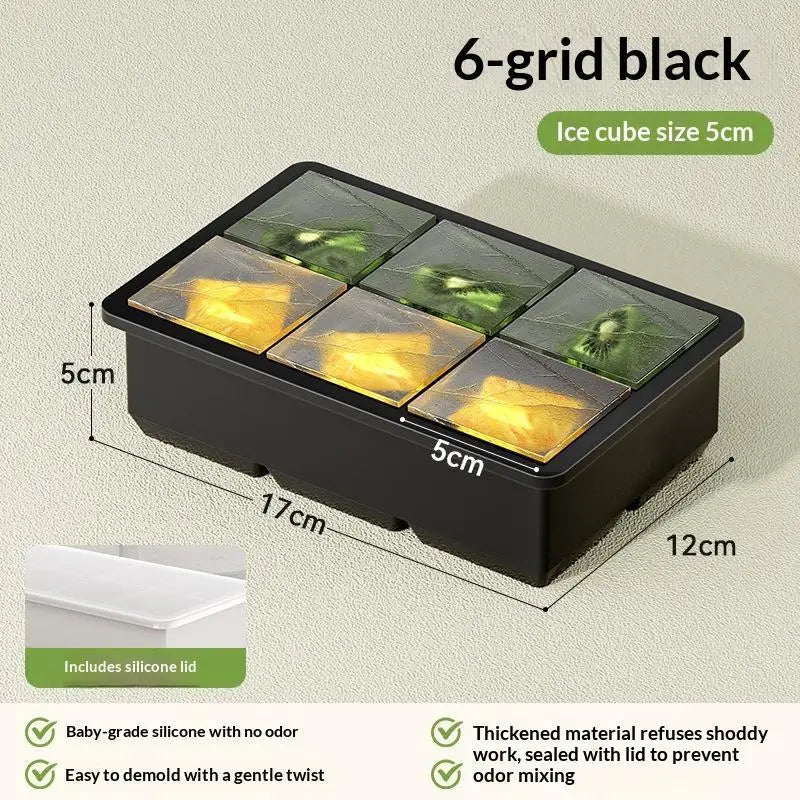 Large Silicone Ice Cube Tray with Leak-Proof Lid | Easy Release Silicone Ice Tray Axl 6 Grids Black