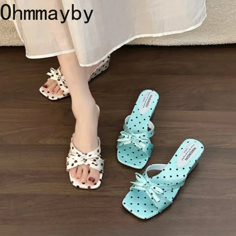 Satin Butterfly-Knot Women's Wedge Slippers | Polka Dot Slides Wedge Slide Slippers Axl