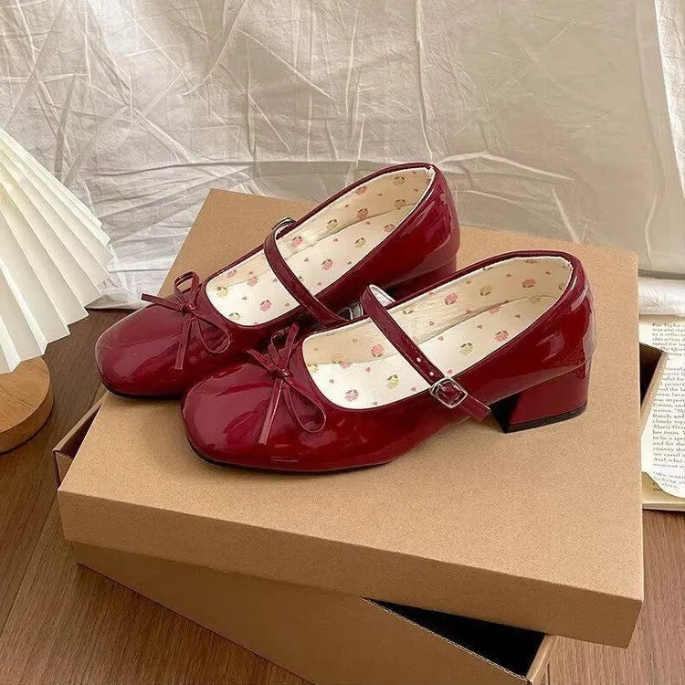 Women's Patent Mary Jane Shoes – Butterfly-Knot Block Heel Mary Jane Heels Axl 38 red