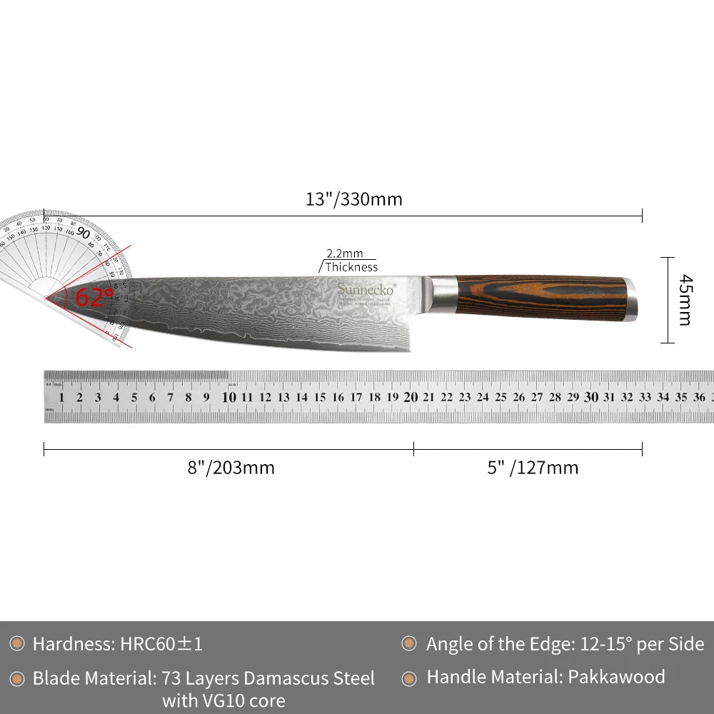 Sunnecko 8" VG10 Damascus Steel Chef's Knife | Japanese Kitchen Damascus Chef's Knife Axl