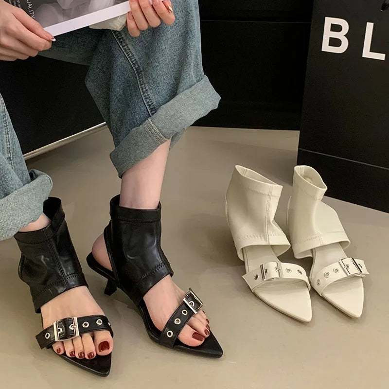 Women's Pointed Toe Ankle Boots – Metal Buckle Thin Heel Women's Ankle Boots Axl