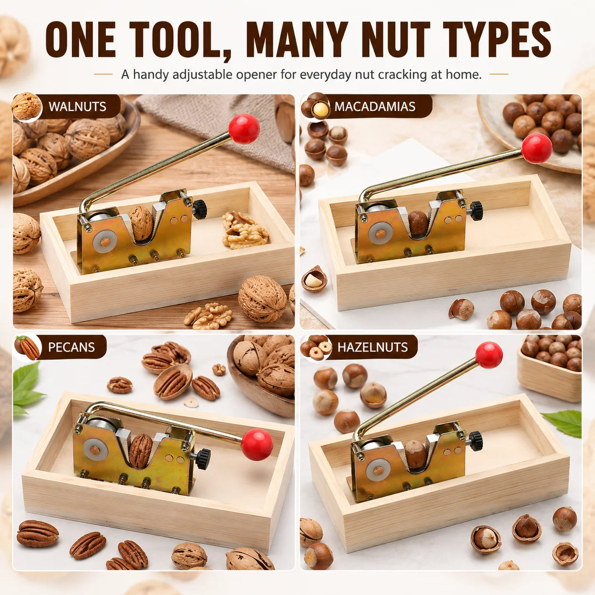Heavy Duty Adjustable Nut Cracker with Wooden Base | Manual Tool Manual Nut Cracker Axl