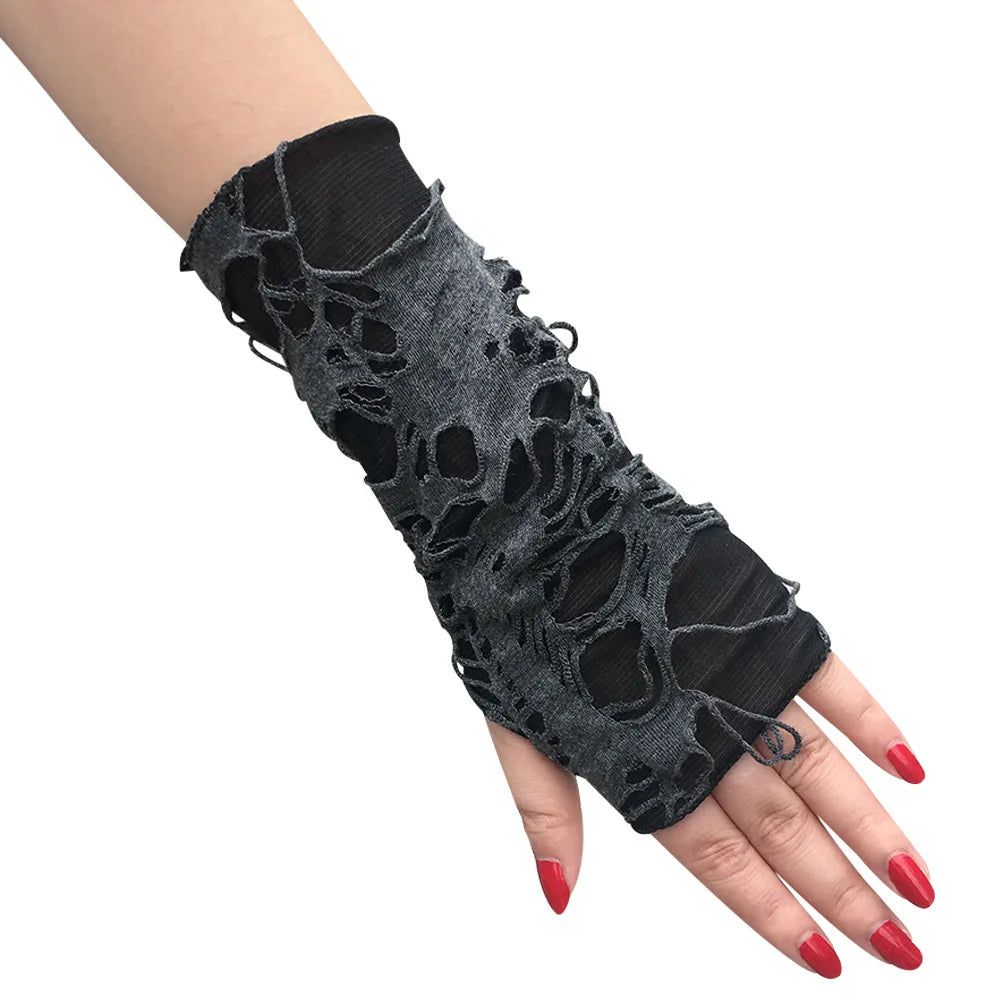 Gothic Black Fingerless Gloves – Punk Ripped Halloween Cosplay Fingerless Gloves Axl