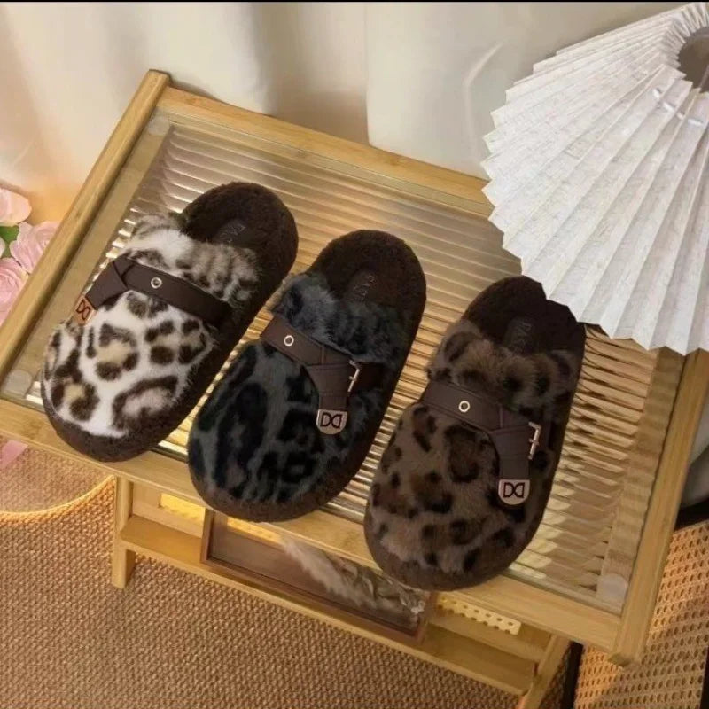 Women's Leopard Chunky Plush Slippers – Cozy Indoor Slide Plush Indoor Slippers Axl