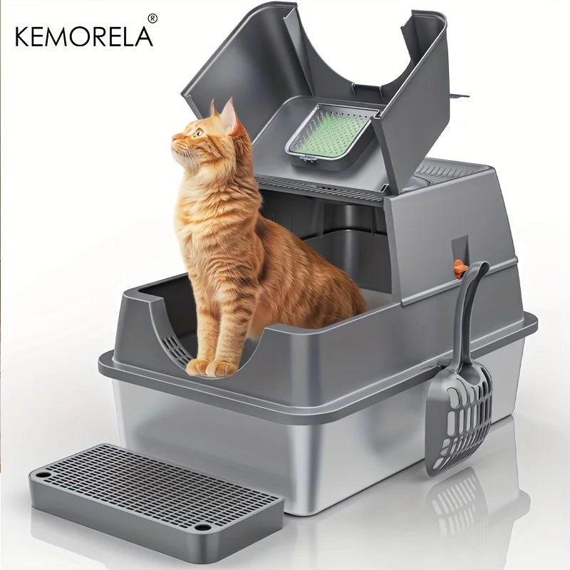 KEMORELA Stainless Steel Cat Litter Box with Lid & Scoop Cat Litter Box Axl