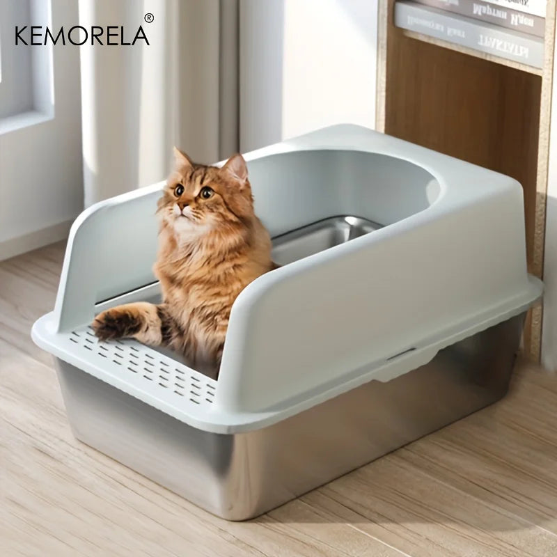 KEMORELA XL Stainless Steel Cat Litter Box with Lid – 60×50cm Cat Litter Box Axl