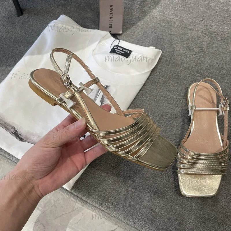 Women's Retro Strappy Flat Sandals – Buckle Open Toe Beach Shoes Women's Flat Sandals Axl Gold 37