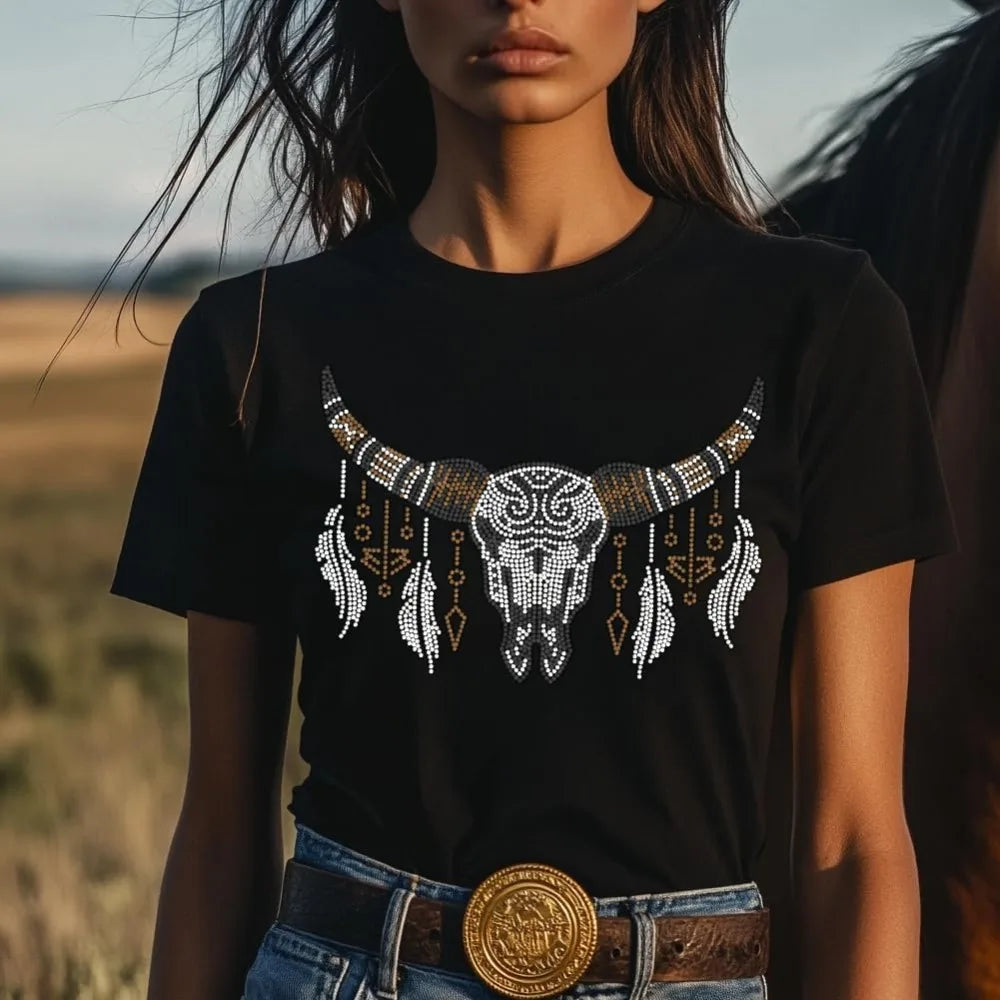 Rhinestone Iron-On Patch – Bohemian Cow Skull Appliqué 29.7x21cm Iron-On Rhinestone Patch Axl
