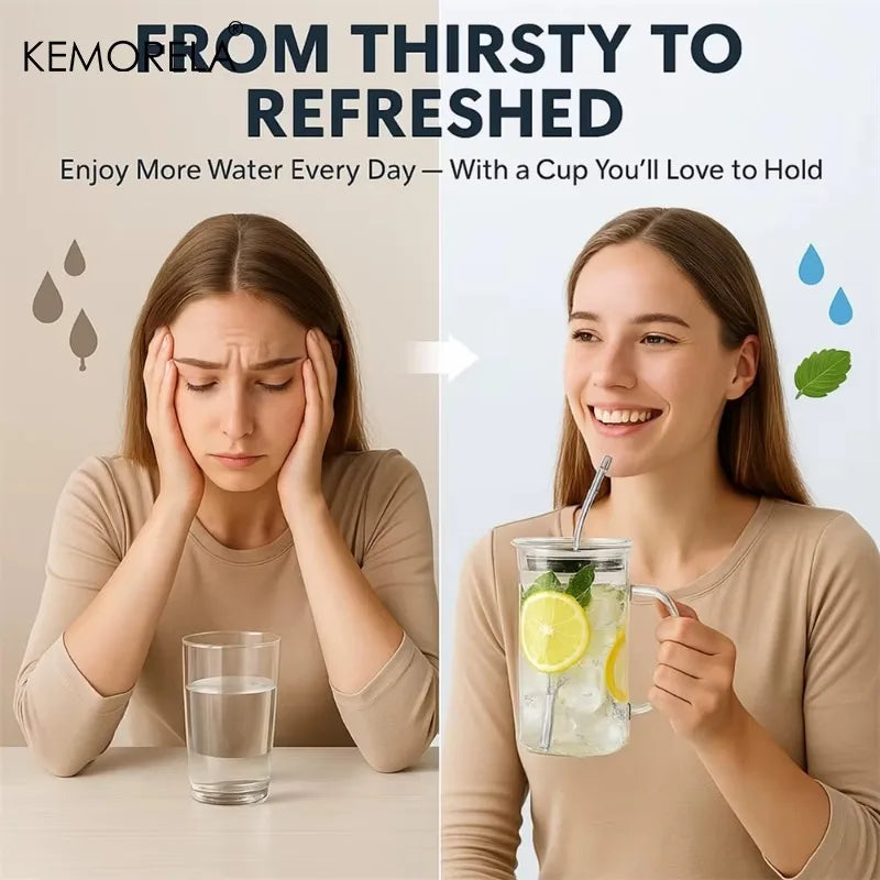 KEMORELA 1000ml Glass Tumbler with Lid & Straw | 1-2 Pack Glass Tumbler Axl