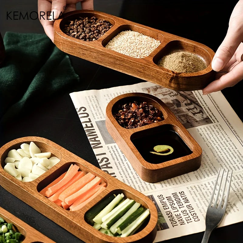 Solid Wood Condiment Tray – 2/3 Grid Sushi & Sauce Plate Wooden Serving Tray Axl