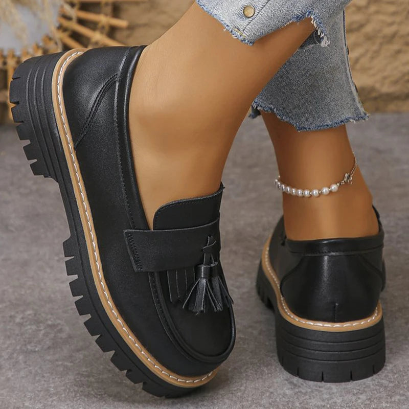 Women's Tassel Loafers – Slip-On Square Heel Flat Shoes Women's Loafer Flats Axl