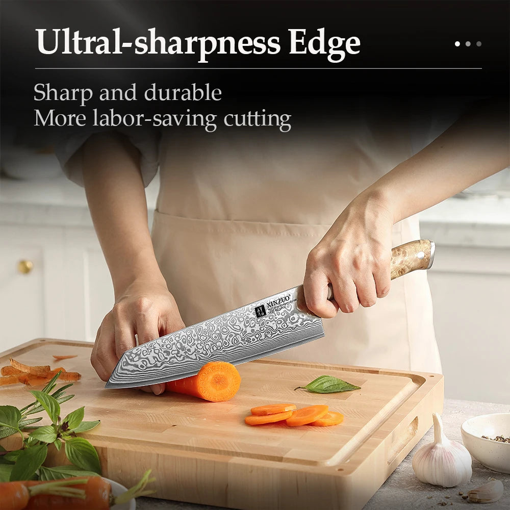 XINZUO 8.27" Damascus Bunka Chef Knife – 67-Layer, Sycamore Handle Damascus Chef Knife Axl