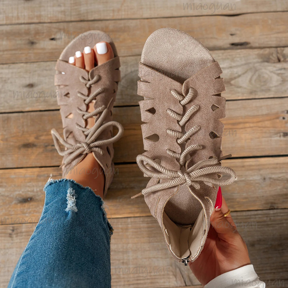 Women's Retro Lace-Up Flat Sandals – Hollow Roman Beach Shoes Flat Sandals Axl