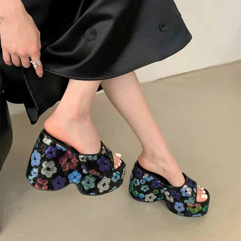 Women's 13CM Sequined Wedge Platform Sandal – Open Toe Heels Wedge Platform Sandals Axl