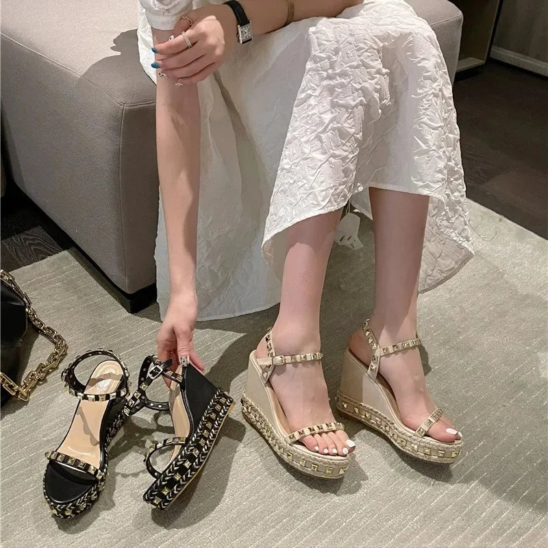 Women's Rivet Wedge Sandals – High Heel Buckle Strap Platform Wedge Sandals Axl